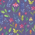 Colorful seamless pattern with simple doodle floral elements. Watercolor hand drawn illustration Royalty Free Stock Photo
