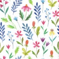 Colorful seamless pattern with simple doodle floral elements. Watercolor hand drawn illustration Royalty Free Stock Photo