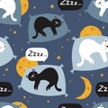 Colorful Seamless Pattern With Sleeping Cats, Moons, Stars