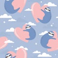 Colorful seamless pattern, sloths with hearts, sky. Decorative cute background with animals, clouds, stars