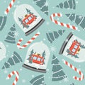 Colorful seamless pattern with snow globe, red bus with gifts, fir trees, candy canes. Decorative cute background. Happy New Year Royalty Free Stock Photo