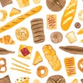 Colorful seamless pattern with tasty homemade baked breads, buns, baguettes, bagels, croissants, pretzels, toasts and