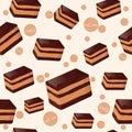 Colorful seamless pattern with tasty piece of chocolate cake in cartoon style. Desserts Collection.