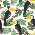 Colorful seamless pattern, toucans, palm leaves, flowers. Decorative cute background with birds, garden