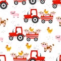 Colorful seamless pattern with tractor with farm animals - cows and pigs, chickens in cartoon style Royalty Free Stock Photo