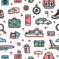 Colorful seamless pattern with transports, touristic and adventure travel tools and equipment on light background