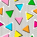 Colorful seamless pattern from triangles. Bright background. 80`