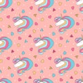Colorful seamless pattern with unicorn, heart, diamond, crystal. Hand drawn Illustration for kid textile, card, pin, t-shir