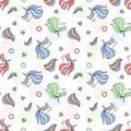 Colorful seamless pattern with unicorn, heart, diamond, crystal. Hand drawn Illustration for kid textile, card, pin, t-shirt print