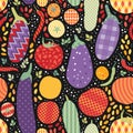 Colorful seamless pattern with vegetables in patchwork style. Violet eggplants, red and yellow tomatoes, green cucumbers