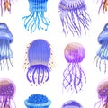 Colorful seamless pattern with violet and blue jellyfish. Repeatable background with swimming medusa. Vector cartoon