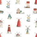 Colorful seamless pattern with watermills and windmills on white background. Backdrop with old European wind and water