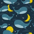 Colorful seamless pattern with whales, moon, stars