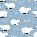 Colorful seamless pattern with white bears, fir-trees