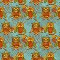 Colorful seamless pattern witn cute doodle owls