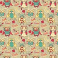 Colorful seamless pattern witn cute doodle owls