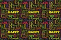 Colorful seamless pattern with words: happy, joy, laugh, smile, happiness, love, fun, cheers. Vector. Black background.