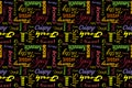 Colorful seamless pattern with writings: delicious, tasty, crispy, crunchy, bitter, sour, sweet, salty, yummy, fresh