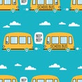 Colorful seamless pattern with yellow school buses. Decorative cute background, funny transport, sky