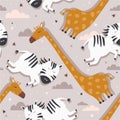 Colorful seamless pattern with zebras, giraffes. Decorative cute background with funny animals, sky Royalty Free Stock Photo