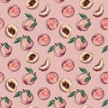 Colorful seamless peach pattern on pink background. Royalty Free Stock Photo