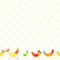 Colorful seamless repeat pattern of yellow and orange chickens with yellow polka dots on a white background. Royalty Free Stock Photo