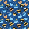 Colorful seamless summer pattern with summer beach bags in flat style isolated on blue background.Vector cute travel handbag print