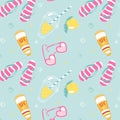 Colorful seamless summer pattern with hand drawn beach elements such as sunglasses, palm, watermelon slice, tote bag Royalty Free Stock Photo
