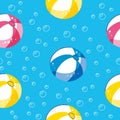 Colorful seamless summer pattern with hand drawn beach elements. Summer pool floating with balls. Seamless pattern