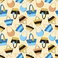 Colorful seamless summer pattern with summer beach bags in flat style isolated on yellow background. Vector cute travel handbag