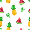 Colorful seamless summer pattern with watermelon slice, pineapple, green leaves. Fashion print design, vector