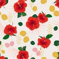 Colorful seamless vector red hibiscus exotic floral pattern, spring summer background with tropical flowers, palm leaves, Royalty Free Stock Photo