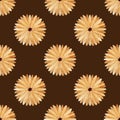 Colorful seamless watercolor pattern with simple flowers on a brown background. Pattern for various autumn products.