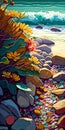 Colorful seascape with pebbles and flowers. Digital painting