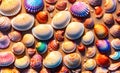 Colorful seashells pattern background, multicolored beautiful shells as wallpaper. Generative Ai