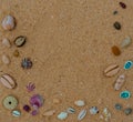 Bright seashells frame on the sand Royalty Free Stock Photo