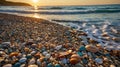 Golden Hour on the Beach: A Serene Landscape of Pebbles, Shells, and Gentle Waves Royalty Free Stock Photo