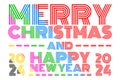 Colorful Season greeting text, merry Christmas and happy new year 2024 isolated white background Royalty Free Stock Photo