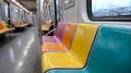 Colorful seats inside an empty subway train car. Royalty Free Stock Photo