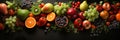 Colorful selection of fresh fruits and vegetables, flat lay style, top view on dark background