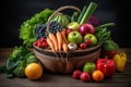 colorful selection of fruits and vegetables arranged in bowl or basket