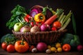 colorful selection of fruits and vegetables arranged in bowl or basket