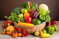 colorful selection of fruits and vegetables arranged in bowl or basket