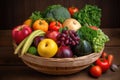 colorful selection of fruits and vegetables arranged in bowl or basket