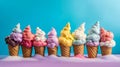 Colorful selection of ice cream cones against a blue background. AI-generated. Royalty Free Stock Photo