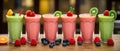 Colorful selection of milky fruit flavored bubble tea arranged in line on wooden table and bokeh background. panoramic banner Royalty Free Stock Photo