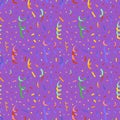 Colorful serpentine and confetti, flat seamless pattern on purple background Royalty Free Stock Photo