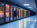 Colorful server racks with blinking lights in a data center corridor server room technology Royalty Free Stock Photo
