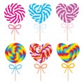 Colorful Set candy lollipops with bow, spiral candy cane. Candy on stick with twisted design on white background. Vector Royalty Free Stock Photo