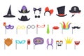Colorful set with carnival masks and hats. Witch cap, glasses, beard, lips, speech bubble, cat ears and bow tie